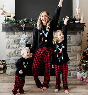 IFFEI Matching Family Pajamas Sets Christmas PJ's with Deer Long Sleeve Tee and Plaid Pants Loungewear One-piece: 3-6 Months