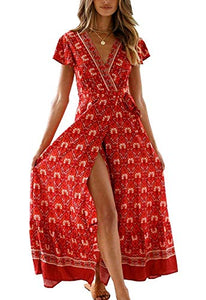 PRETTYGARDEN Women's Summer Bohemian Dress Short Sleeve Floral V Neck Ruffle Hem Split Belted Flowy Maxi Dresses (Red-1,Small)