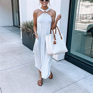 Miami Sunshine Maxi Dress, Women's Off Shoulder Sexy Summer Casual Comfort Halter Long Dress, Maxi Flowy Dress (Grey,XS)