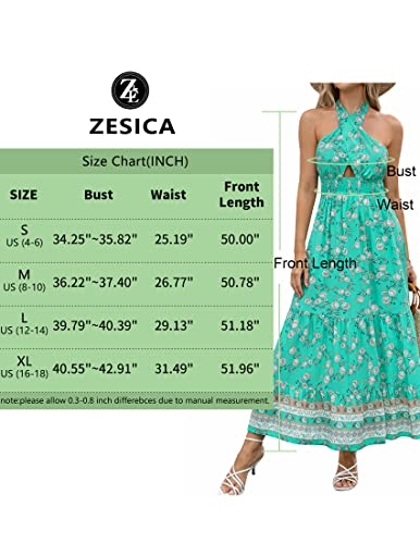 ZESICA Women's Summer Crossover Halter Neck Sleeveless Plaid Cut Out Backless Flowy A Line Maxi Dress,Aqua,Medium