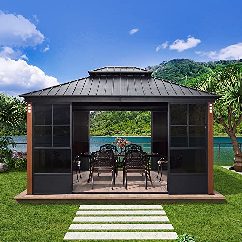 PURPLE LEAF 12‘ X 14’ Patio Hardtop Gazebo Double Galvanized Roof Outdoor Screen House Aluminum Solarium Backyard Sunroom with LED Lights