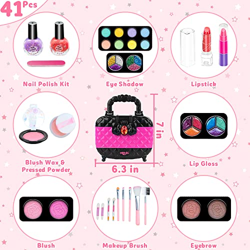 Hollyhi 41 Pcs Kids Makeup Toy Kit for Girls, Washable Makeup Set Toy with Real Cosmetic Case for Little Girl, Pretend Play Makeup Beauty Set Birthday Toys Gift for 3 4 5 6 7 8 9 10 Years Old Kid