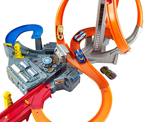 Hot Wheels Track Set with 1 Toy Car, Multi-Lane, Motorized Track with 3 Crash Zones, Spin Storm Racetrack 