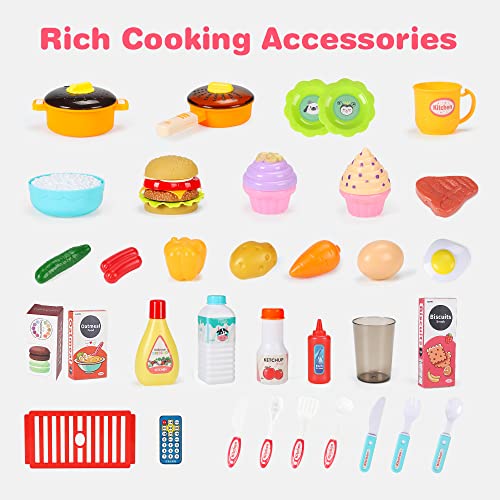 Pretend Play Kitchen Set for Toddlers, Mini Kitchen Accessories with Play Cooking Stove, Pot and Pan with Spray Realistic Light & Sound and Play Cutting Food, Outdoor Cooking Toys for Kids Girls Boys