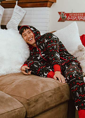 Unisex Black & Red Fair Isle Reindeer Cozy Jumpsuit - Cozy Christmas Onesie: Small