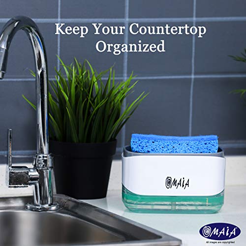 OMAIA 2-in-1 Kitchen Soap Dispenser with Sponge Holder - dishwashing Liquid Dispenser for Kitchen - Useful Kitchen Gadgets - Sink Countertop Organizer - Dish soap Dispenser for Kitchen Sink