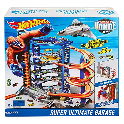 Hot Wheels Track Set with 4 1:64 Scale Toy Cars, Over 3-Feet Tall Garage with Motorized Gorilla, Storage for 140 Cars, Super Ultimate Garage 